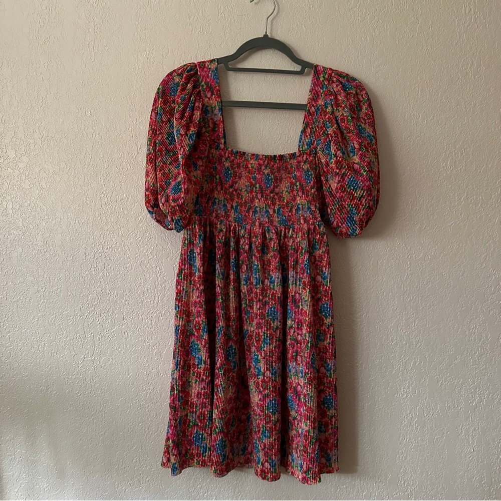 Pink colorful floral smocked mini dress